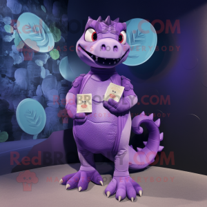 Purple Hydra mascot costume character dressed with a Playsuit and Coin purses