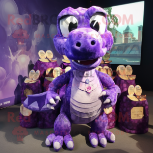Purple Hydra mascot costume character dressed with a Playsuit and Coin purses