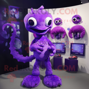 Purple Hydra mascot costume character dressed with a Playsuit and Coin purses