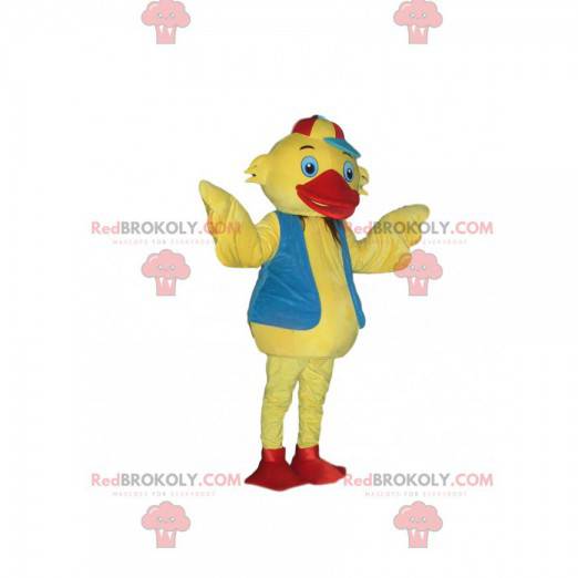 Mascot patito amarillo con un chaleco azul y una gorra -