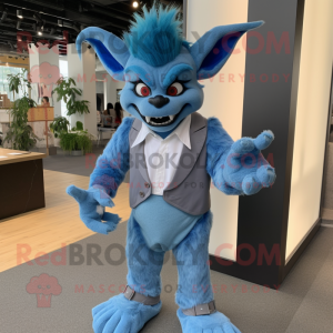 Blue Gargoyle mascot costume character dressed with a Suit Pants and Hair clips