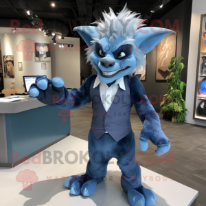 Blue Gargoyle mascot costume character dressed with a Suit Pants and Hair clips