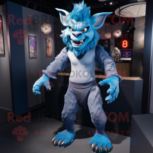 Blue Gargoyle mascot costume character dressed with a Suit Pants and Hair clips