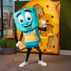 Turquoise Grilled Cheese Sandwich mascot costume character dressed with a Running Shorts and Rings