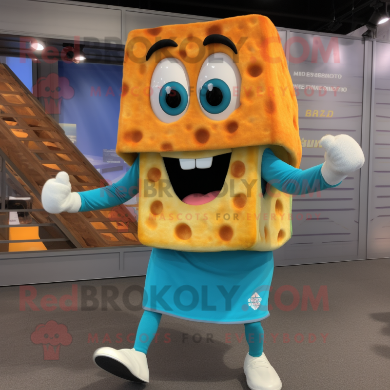 Turquoise Grilled Cheese Sandwich mascot costume character dressed with a Running Shorts and Rings Turquoise Grilled Cheese Sandwich mascot costume character dressed with a Running Shorts and Rings