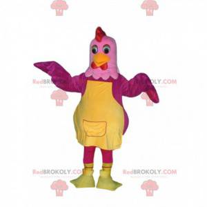 Mascotte de poule fushia et rose avec un tablier jaune -