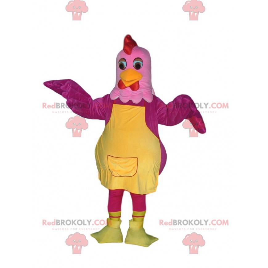 Mascot fuchsia og rosa høne med gult forkle - Redbrokoly.com