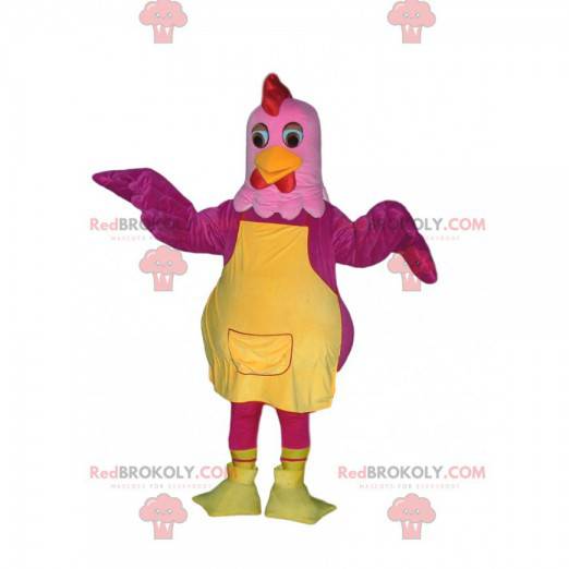 Mascotte fucsia e gallina rosa con un grembiule giallo -