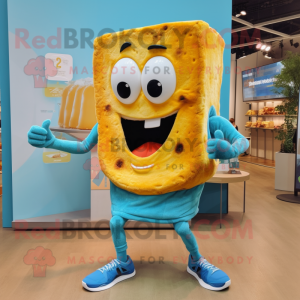 Turquoise Grilled Cheese Sandwich mascot costume character dressed with a Running Shorts and Rings