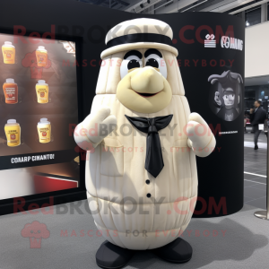 Cream Grenade mascot costume character dressed with a Suit Jacket and Mittens