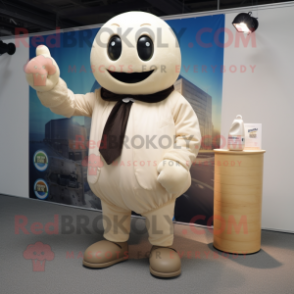 Cream Grenade mascot costume character dressed with a Suit Jacket and Mittens