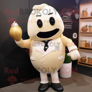 Cream Grenade mascot costume character dressed with a Suit Jacket and Mittens