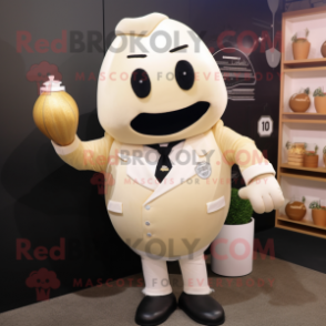 Cream Grenade mascot costume character dressed with a Suit Jacket and Mittens