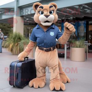 Navy Mountain Lion mascot costume character dressed with a Mom Jeans and Briefcases