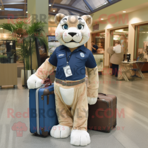 Navy Mountain Lion mascot costume character dressed with a Mom Jeans and Briefcases