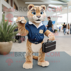 Navy Mountain Lion mascot costume character dressed with a Mom Jeans and Briefcases