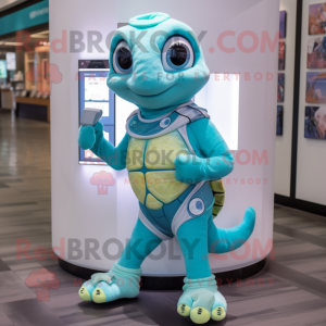 Teal Sea Turtle mascot costume character dressed with a Yoga Pants and Digital watches