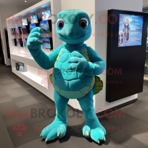 Teal Sea Turtle mascot costume character dressed with a Yoga Pants and Digital watches