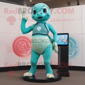 Teal Sea Turtle mascot costume character dressed with a Yoga Pants and Digital watches