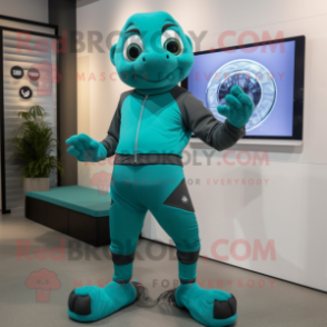 Teal Sea Turtle mascot costume character dressed with a Yoga Pants and Digital watches