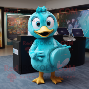 Turquoise Gosling mascot costume character dressed with a One-Piece Swimsuit and Coin purses