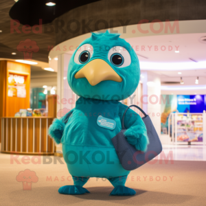Turquoise Gosling mascot costume character dressed with a One-Piece Swimsuit and Coin purses