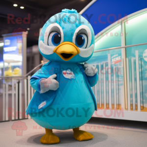 Turquoise Gosling mascot costume character dressed with a One-Piece Swimsuit and Coin purses