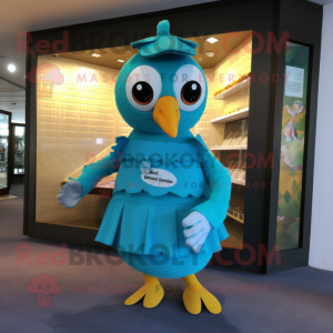 Turquoise Gosling mascot costume character dressed with a One-Piece Swimsuit and Coin purses