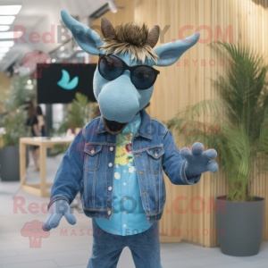 Cyan Irish Elk mascot costume character dressed with a Denim Shirt and Sunglasses