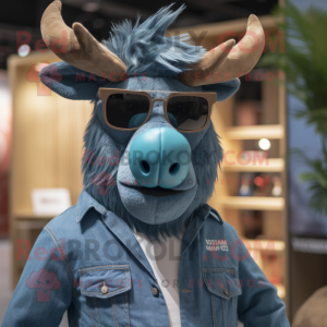 Cyan Irish Elk mascot costume character dressed with a Denim Shirt and Sunglasses