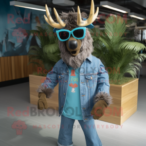 Cyan Irish Elk mascot costume character dressed with a Denim Shirt and Sunglasses