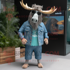 Cyan Irish Elk mascot costume character dressed with a Denim Shirt and Sunglasses