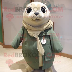 Olive Seal mascot costume character dressed with a Coat and Hairpins