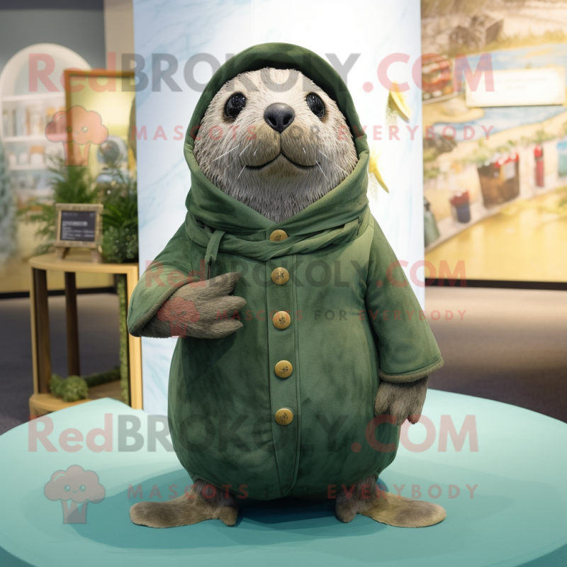 Olive Seal mascot costume character dressed with a Coat and Hairpins