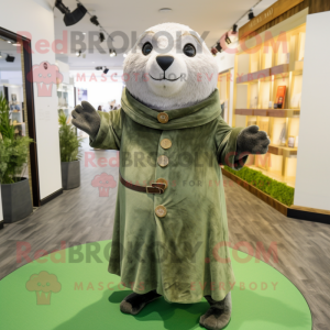 Olive Seal mascot costume character dressed with a Coat and Hairpins