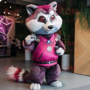 Magenta Raccoon mascot costume character dressed with a Jeans and Necklaces