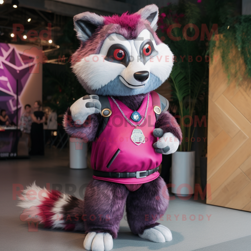 Magenta Raccoon mascot costume character dressed with a Jeans and Necklaces Magenta Raccoon mascot costume character dressed with a Jeans and Necklaces