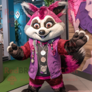 Magenta Raccoon mascot costume character dressed with a Jeans and Necklaces