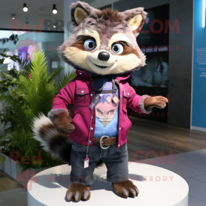 Magenta Raccoon mascot costume character dressed with a Jeans and Necklaces
