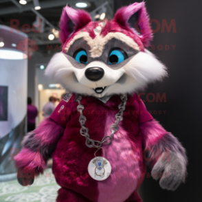 Magenta Raccoon mascot costume character dressed with a Jeans and Necklaces