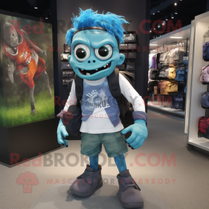 Blue Undead mascot costume character dressed with a Graphic Tee and Backpacks