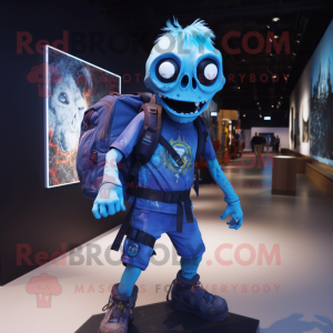 Blue Undead mascot costume character dressed with a Graphic Tee and Backpacks