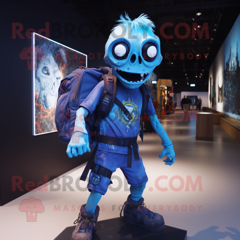 Blue Undead mascot costume character dressed with a Graphic Tee and Backpacks Blue Undead mascot costume character dressed with a Graphic Tee and Backpacks