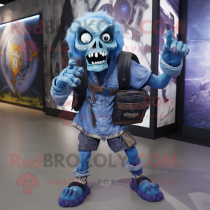 Blue Undead mascot costume character dressed with a Graphic Tee and Backpacks