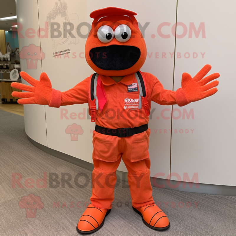 Red Shrimp Scampi mascot costume character dressed with a Cargo Pants and Bracelets Red Shrimp Scampi mascot costume character dressed with a Cargo Pants and Bracelets