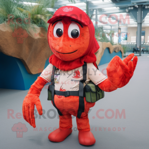 Red Shrimp Scampi mascot costume character dressed with a Cargo Pants and Bracelets