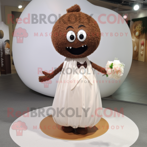 Brown Meatballs mascot costume character dressed with a Wedding Dress and Tie pins