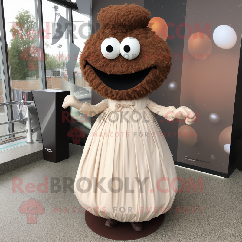 Brown Meatballs mascot costume character dressed with a Wedding Dress and Tie pins Brown Meatballs mascot costume character dressed with a Wedding Dress and Tie pins