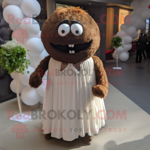 Brown Meatballs mascot costume character dressed with a Wedding Dress and Tie pins