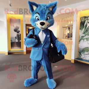Blue Dingo mascot costume character dressed with a Suit Jacket and Clutch bags